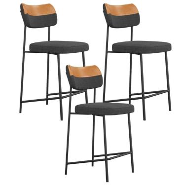 Imagem de Kit 03 Banquetas Baixa Bar Cozinha Sala Jantar Whisky Melina L02 Couríssimo Whisky Linho Chumbo - Lyam Decor