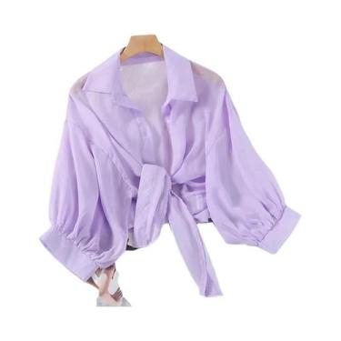 Imagem de Blusa De Chiffon Feminina De Verão Com Manga Curta E Botões, Solta, Ca