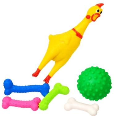 Imagem de Kit Brinquedos para Cães com Mordedor Bola Cravo, Ossinho e Frango, 3 Peças