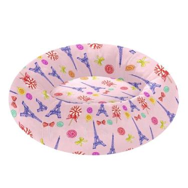 Imagem de STAYTOP Torre Eiffel e pirulitos redondos donuts, cama com almofada para gatos e cães, camas macias para animais de estimação, camas laváveis e calmantes para cães com fundo antiderrapante - P