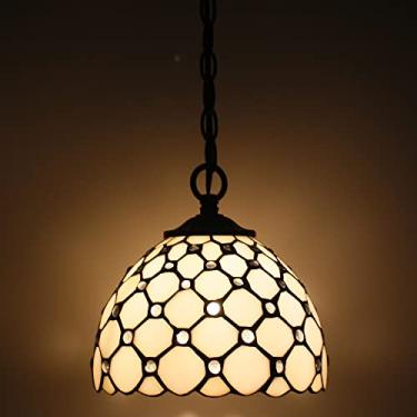 Imagem de SYETL Luminária pendente pequena Tiffany de 20 cm estilo Tiffany com pingente de vitral luminária pendurada pequena vintage para casa, sala de estar, restaurante, corredor (estilo contas de pérola