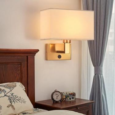 Imagem de GZZBMY Lâmpada de parede LED com interruptor Moderno Minimalista Arandelas de Parede Sombra de Tecido Quadrado Iluminação de Parede de Metal para Sala de Estar Quarto Cabeceira Escadaria (Cobre +