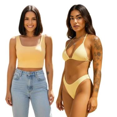 Imagem de Kit Top Cropped Regata + Biquini Cortininha fio dental Cor:AmareloTama