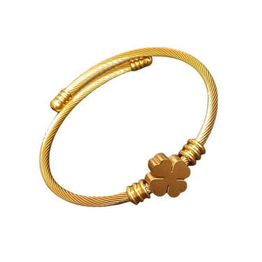 Imagem de Bracelete Feminino Trevo Ajustável Aço Inoxidável 316L Dourado Hipoalergênica-Feminino