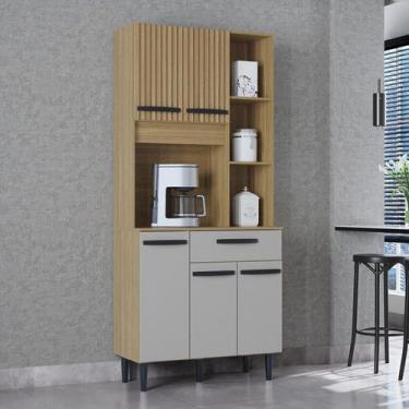 Imagem de Cozinha Compacta 5 Portas 1 Gaveta Malu Poquema, Damasco/Ripado/OffWhi