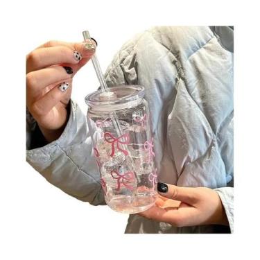 Imagem de Copo De Vidro Com Laço Fofo De 500ml, Garrafa De Água Tipo Mason Jar C