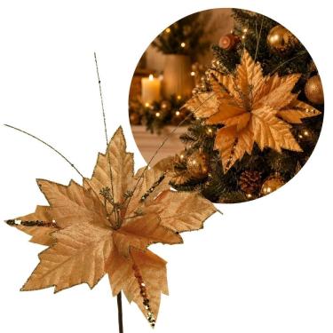 Imagem de Flor Bico de Papagaio Natalina Pick Veludo Dourada 25x25cm Glitter e Lantejoulas
