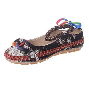 Imagem de TangDao Sapatilhas femininas retrô étnicas com bico redondo, bordado floral, com cadarço, casual, bailarina, Preto, 9.5