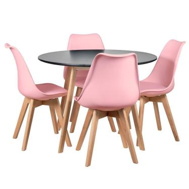 Imagem de Mesa Redonda 100cm Preto + 4 Cadeiras Rosa Claro