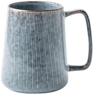 Imagem de QJZZO Caneca de café de cerâmica retrô 650ML, grande caneca de café listrada cônica, caneca multifuncional para micro-ondas para bebidas - decoração de caneca azul