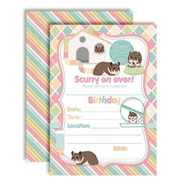 Imagem de Convites de festa de aniversário temáticos para hamster para animais de estimação, 20 cartões de 12,7 cm x 17,7 cm com vinte envelopes brancos da AmandaCreation