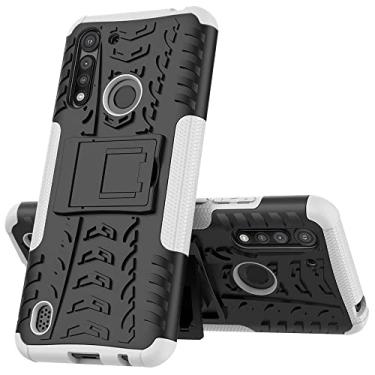 Imagem de Capa protetora ultrafina compatível com Moto G8 Power Lite, TPU + PC Bumper Hybrid Militar Grade Rugged Case, Capa de telefone à prova de choque com capa traseira de telefone com suporte (Cor: branco)