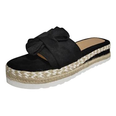 Imagem de Sandálias rasteiras femininas de verão respiráveis sandálias de tecido de praia sapatos abertos bico plano feminino (preto, 42)