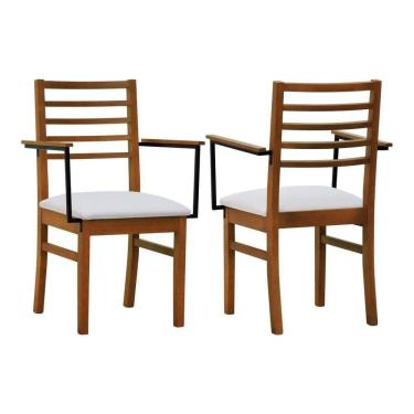 Imagem de Kit 2 Cadeiras Tiê Madeira Maciça Encosto Ripado C-braço Metal - Amêndoa Assento Estofado Linho Bege