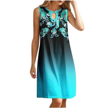 Imagem de Vestidos de verão para mulheres 2024 A Line Vestido de verão sem mangas vintage estampa floral vestido midi casual solto, Azul, 3G
