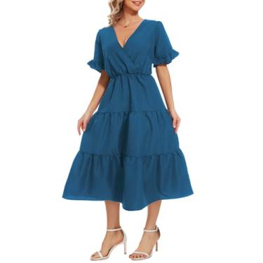 Imagem de DMNZNS Vestido túnica feminino de verão, gola V, casual, com babados, manga bufante, saia em camadas, vestido midi, Azul, PP