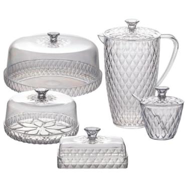 Imagem de Conjunto 5 peças: Boleira Baixa, Queijeira, Manteigueira, Açucareiro com Colher e Jarra Acrílico Incolor