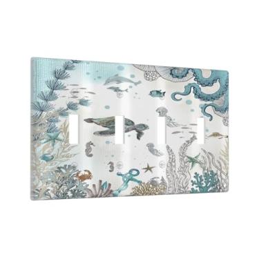 Imagem de Tartaruga marinha polvo oceano subaquático animal quádruplo interruptor de luz decorativa exclusiva 4 gangs placa de parede placa elétrica para decoração de cozinha quarto banheiro