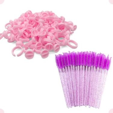 Imagem de Kit 100 Anel Batoque Pequeno Com Separação + 50 Escovinha Cilios Sobrancelha Cola Henna Roxo