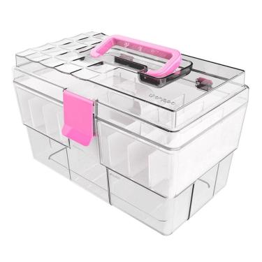 Imagem de Maleta Organizadora Crippa Multiuso Maquiagem Acessórios Remédios Transparente e Rosa