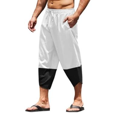 Imagem de Bowake Calça capri masculina de algodão e linho com cordão, pernas largas, capris masculinas, bolso de verão, praia, cintura elástica, E1 branco, 3G