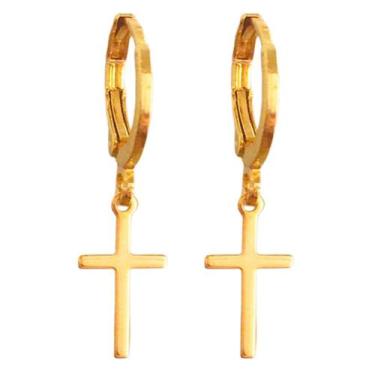 Imagem de Brinco de Argolinha Com Pingente de Cruz Banhado a Ouro 18k - Dinis Jo