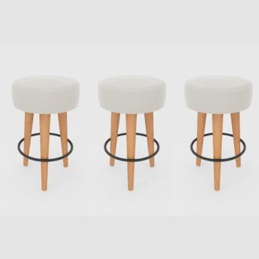 Imagem de Kit 3 Banqueta Média Cozinha 60cm Estofada Off-White Madeira Maciça Ur