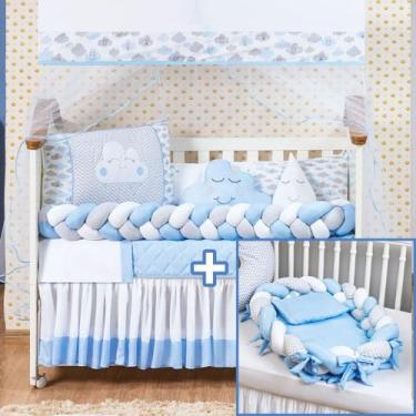 Imagem de Kit berço com caminha de bebê nuvem trançado azul claro conforto 16 pe