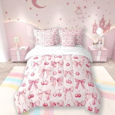 Imagem de Conjunto de cama Queen com laço de 7 peças, laço rosa, cereja, frutas tropicais, patchwork, laço feminino, rosa sonhador, fofo (edredom + lençol de cima + 2 fronhas + 2 capas de travesseiro)