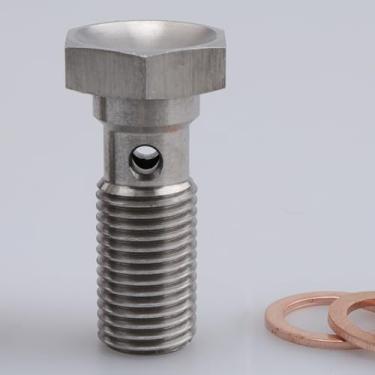 Imagem de AC Performance Adaptador de encaixe de freio com parafusos banjo de rosca de aço inoxidável -3 AN (3/8 x 24) com arruelas de cobre M10, parafuso único banjo de 25 mm de comprimento