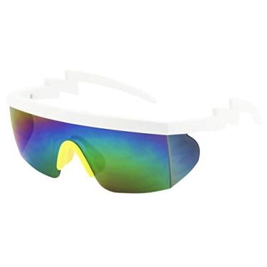 Imagem de ShadyVEU Óculos de sol arco-íris neon semi sem aro com lentes espelhadas proteção UV anos 80 retrô rave Shades torto ziguezague parafuso braço, Armação branca com almofada de nariz amarela/lente