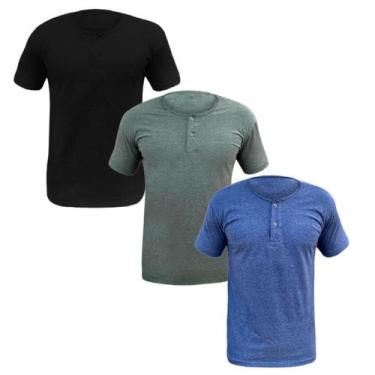 Imagem de Kit 3 Camisa Henley Camiseta Slim Botão Manga Curta Algodão Não Amassa
