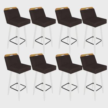 Imagem de Kit 08 Banqueta Alta c/ Encosto Lith Para Cozinha Bar Balcão Bistrô Pé Palito Branco Corino Marrom - Ahz Móveis