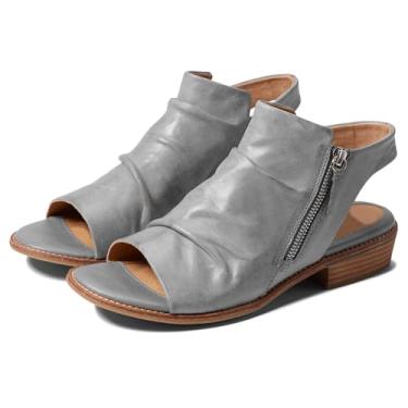 Imagem de MOOMMO Sandália feminina de salto baixo, botinhas, peep toe, sandálias com zíper lateral, recortadas, costas nuas, salto grosso, cano baixo, bico aberto, plissado, vintage, casual, sandálias de salto