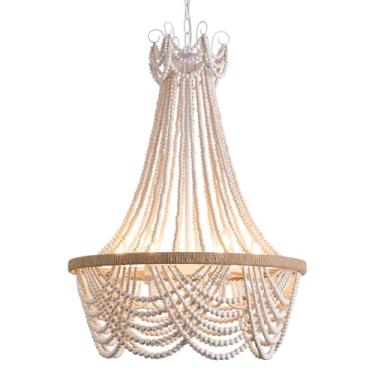 Imagem de MZMHD Lustre Grande Estilo Boho Com 6 Lâmpadas, Lustre De Metal Branco Com Contas De Madeira, Estilo Country, Luminária Boêmia Para Sala De Estar, Sala De Jantar, Quarto, Corredor, Hall De Entrada,