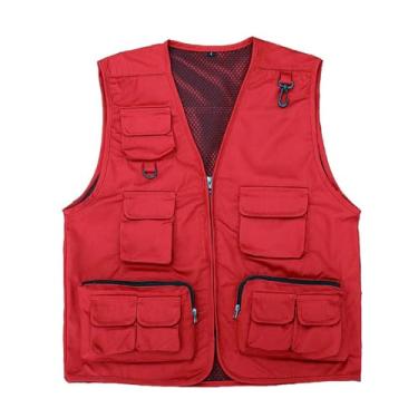Imagem de Colete De Pesca Masculino Casual Sem Mangas Malha Respirável Zíper Vários Bolsos Fotografia Pesca, Jaqueta Tática De Trabalho Para Caça Viagens E Atividades Ao Ar Livre, Para Viagens(Red,XX-Large)