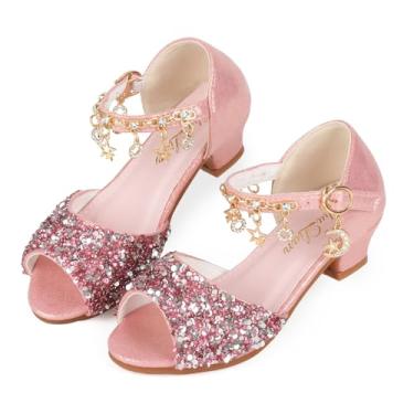 Imagem de ChuLian Sapatos sociais femininos brilhantes princesa salto alto peep toe festa casamento flor meninas sapatos sandálias para crianças pequenas e grandes, rosa, 22