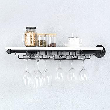 Imagem de Prateleira de cachimbo industrial, prateleira de vinho rústica montada na parede com 5 suportes de vidro, prateleira de bar flutuante de ferro Steampunk, prateleira de parede de metal de 61 cm