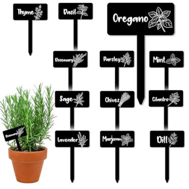 Imagem de JarThenaAMCS 24 peças de placas de acrílico para plantas, 12 estilos, marcadores de ervas de jardim, preto, impermeável, etiquetas tipo T, etiquetas de estaca de plantas com nomes para berçário