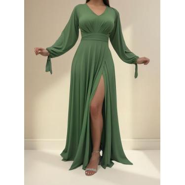 Imagem de Vestido Longo Festa Madrinha Manga Aberta Com Fenda E Decote - Casual 