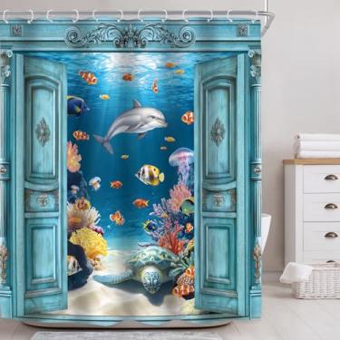 Imagem de Riyidecor Cortina de chuveiro Ocean Beach para decoração de banheiro 152 cm L x 182 cm altura Tartaruga marinha tropical peixe azul-petróleo porta celeiro animal golfinho natureza arte impressa tecido
