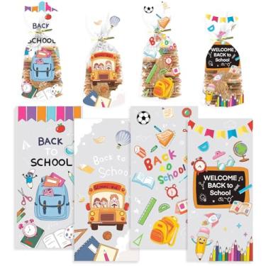 Imagem de 100 unidades de sacos de celofane de volta às aulas com laços torcidos 4 designs de ônibus escolar, lousa escolar, sacos de plástico para lembrancinhas de volta às aulas