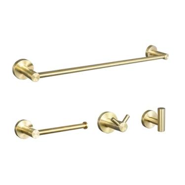 Imagem de Kit de acessórios para banheiro dourado - Toalheiro com suporte para papel higiênico e ganchos para roupão | Conjunto de 3 peças, conjunto de 4 peças