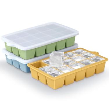 Imagem de Bandejas de silicone para cubos de gelo, 3 unidades, formas de cubos de gelo de fácil liberação com tampa, máquina de gelo empilhável para freezer para uísque, comida de bebê, livre de BPA (3, azul +