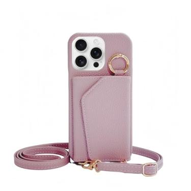 Imagem de Lejanuxy Capa tipo carteira transversal para iPhone 14 Pro com suporte para cartão e espelho, alça ajustável, couro roxo rosado
