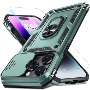 Imagem de Janmitta Capa para iPhone 13 Pro, capa de lente de câmera deslizante embutida + protetor de tela, capa de telefone de corpo inteiro resistente à prova de choque com suporte de anel de dedo, verde
