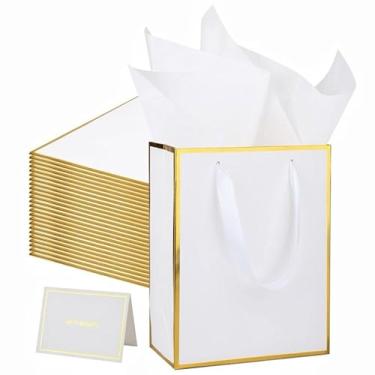 Imagem de UoeRing Pacote com 25 sacos de presente de agradecimento com alças 24 x 19 x 9,5 cm, sacos de presente de aniversário médios com papel de seda e cartão para casamento, madrinha, feriados, chá de bebê