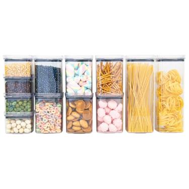 Imagem de Kit 12 Potes Herméticos Acrílico Quadrado Empilháveis, Tampa de Vedação Silicone, Porta Alimentos e Mantimentos, Armário Cozinha Despensa