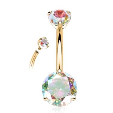 Imagem de PEAKLINK Anel de umbigo de titânio 14G, joia de umbigo, barra de umbigo, roscada internamente com zircão cúbico duplo, joia de umbigo, piercing de umbigo para mulheres 8 10 12 14 mm, Metal, Zircônia