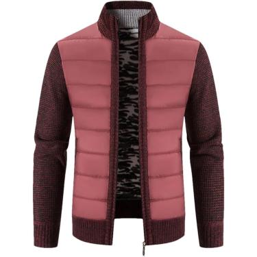 Imagem de Jaqueta De Suéter De Gola Erguida Para Homens Cardigan De Malha Solta Inverno Quente Com Zíper, Dark Red, XL